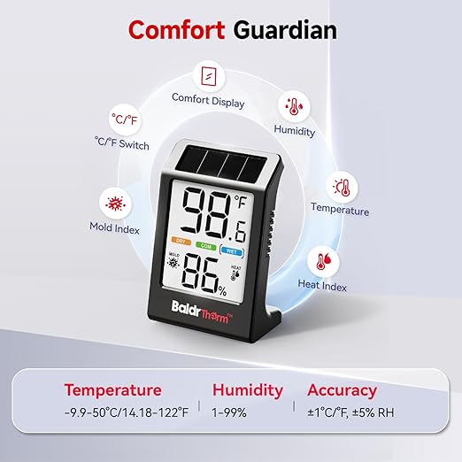 BaldrTherm Room Thermometer Indoor Humidity Meter, Solar-Powered 3.2'' Digital - Image 8