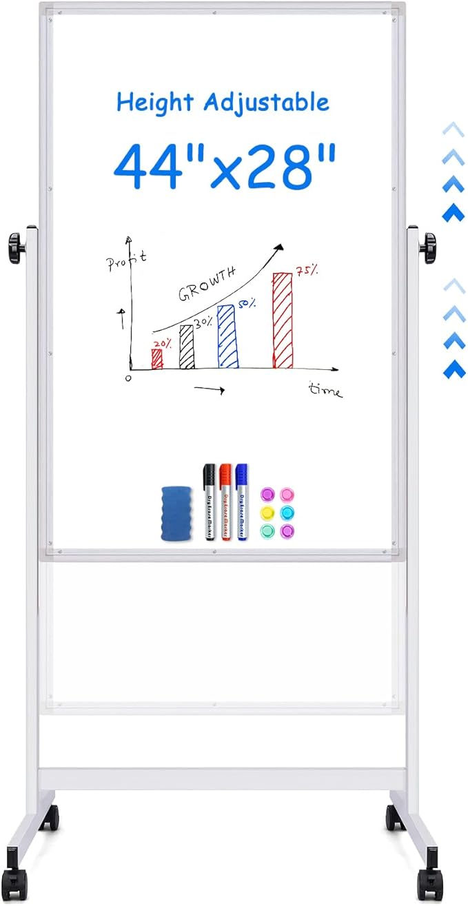 maxtek Rolling White Board, 44 x 28 Height Adjustable Whiteboard on Wheels by Maxtek