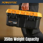 powertec 16-inch tool box with trays - lockable showing dimensions