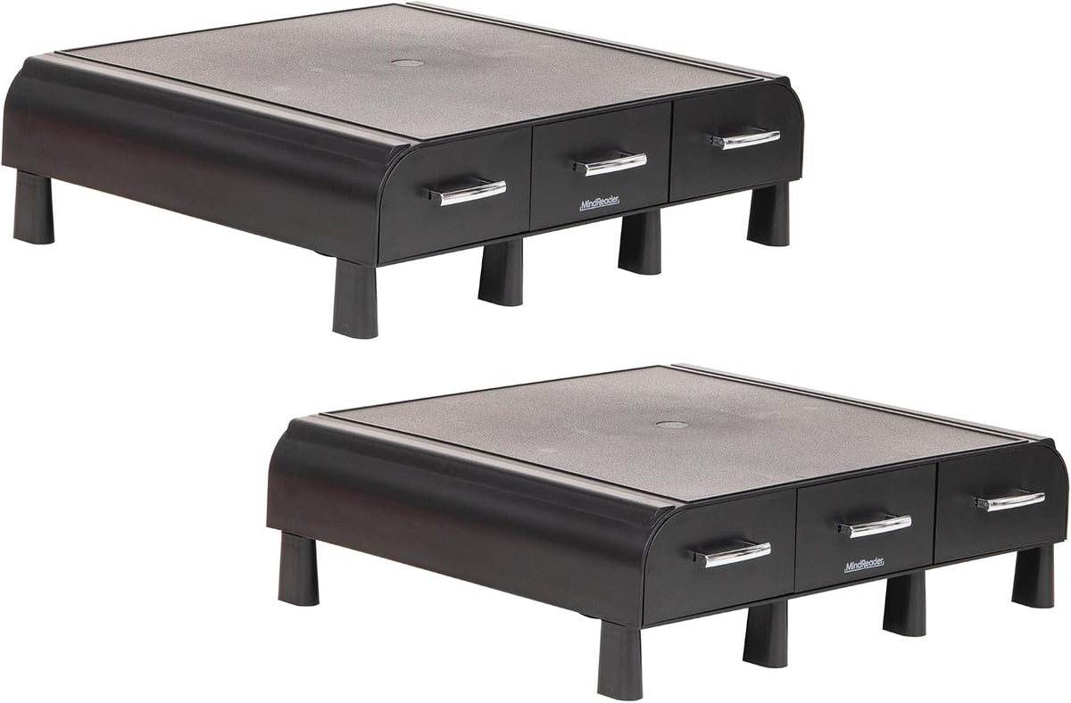 mind reader monitor stand, 3 storage drawers, desktop on a desk or shelf