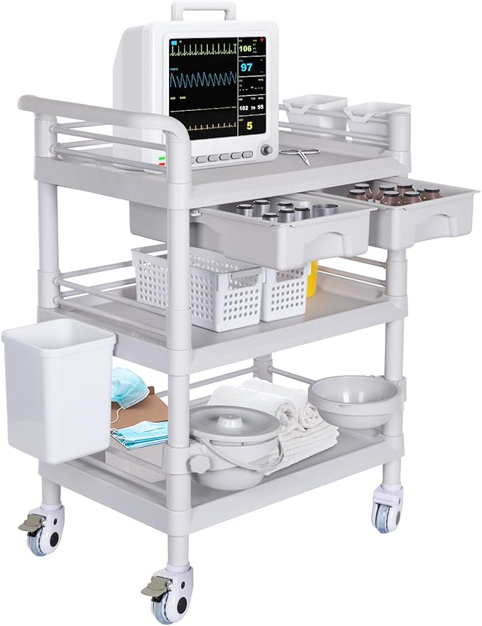 Mobile Medical Carts 3 Tier Professional Utility Cart 330 LBS Max Load Rolling by Enocreay