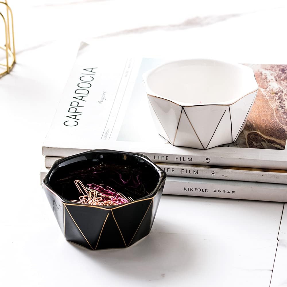Paper Clip Holder With Gold Line Geometric Ceramic Paper Clip Dispenser for Desk Cute Paper Clip Organizer Office Binder Clip Holder (White)
