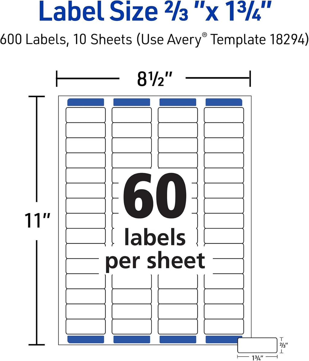 Avery Printable Return Address Labels, Sure Feed Technology, 2/3" x 1-3/4", White, Laser & Inkjet Compatible, 600 Blank Labels per Pack, Great for High-Volume Mailing (5-Pack of 18294)