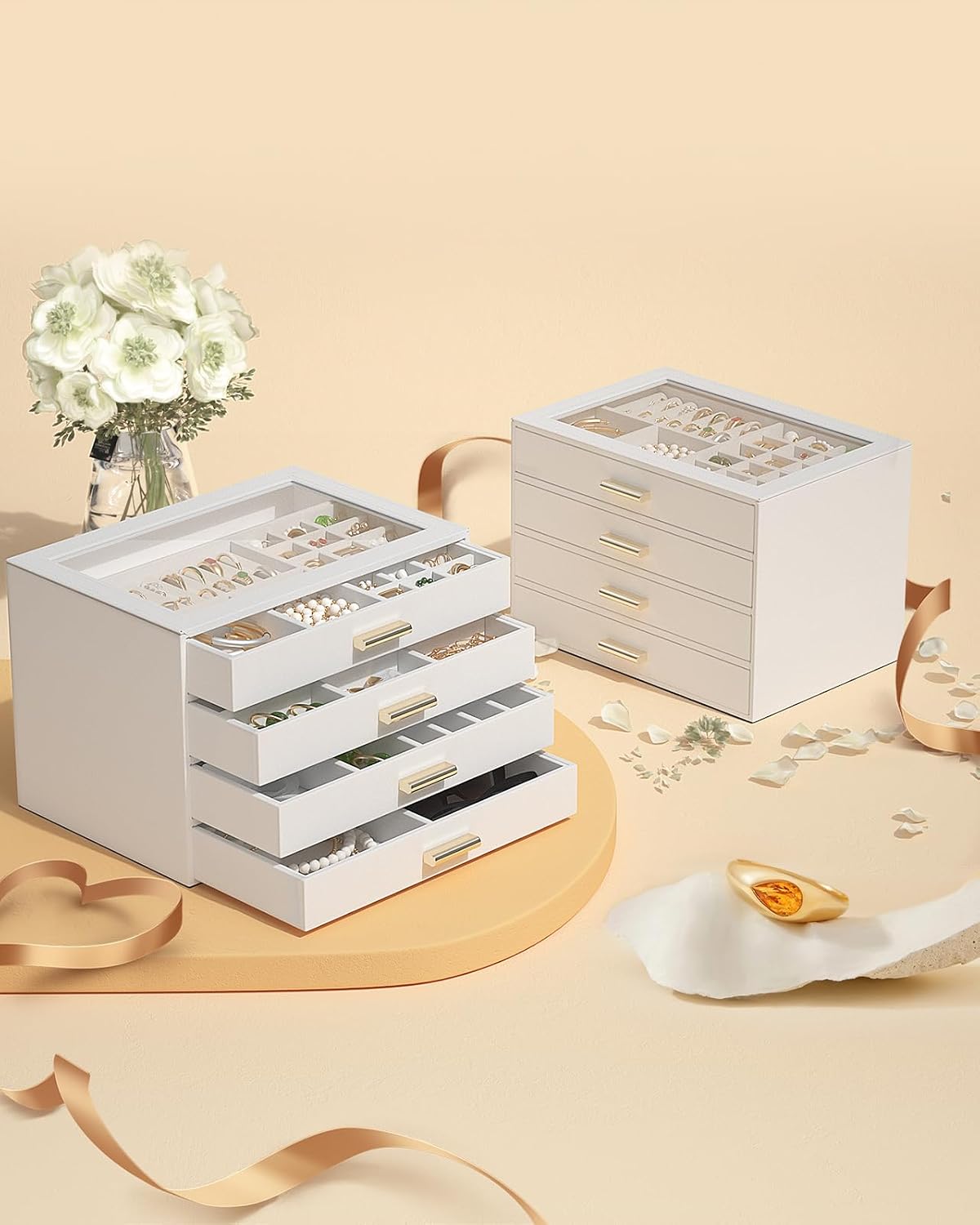 AKOZLIN Jewelry Box Organizer with Clear Lid 4 Drawers White