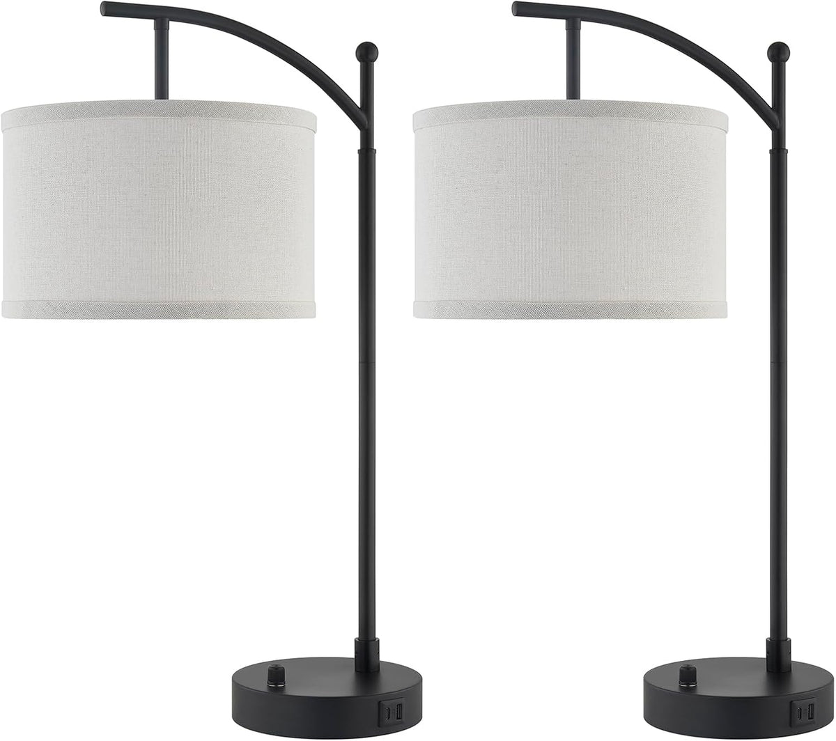 Table Lamp Set of 2, 23.5" Bedside Lamps with USB C+A Ports, Black