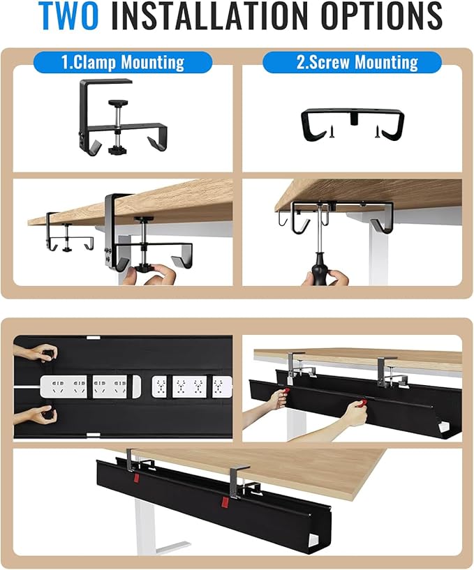 No Drill Cable Management Under Desk, Clamp/Screw Mount Cable Tray, Premium - Image 3