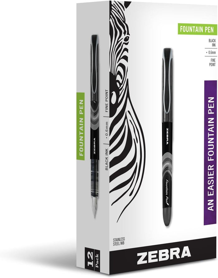 Zebra Pen Fountain Pen, Free-Flowing Liquid Black Ink, 0.6mm, 12-Pack