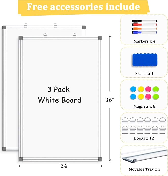 AMUSIGHT 3 Pack Double-Sided Magnetic Whiteboard, Aluminum Frame White Board - Image 4