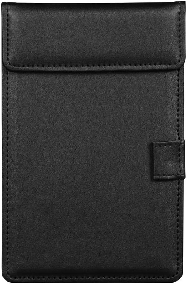WELLYUK 4.7" X 7.5" PU Leather Clipboard, A6 File Clip Document Organizer Writing Pad Office Business Card Holder, Magnetic Conference Pad with Pen Holder, Black