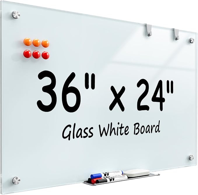 MaxGear Glass Whiteboard Wall Mounted, Frameless Magnetic Dry Erase Board by MaxGear