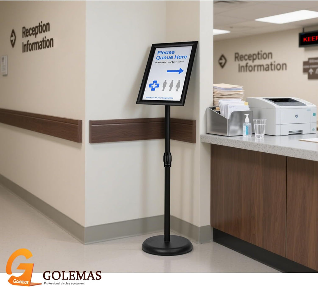 adjustable sign stand for display, pedestal floor signage on a desk or shelf