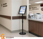 adjustable sign stand for display, pedestal floor signage on a desk or shelf