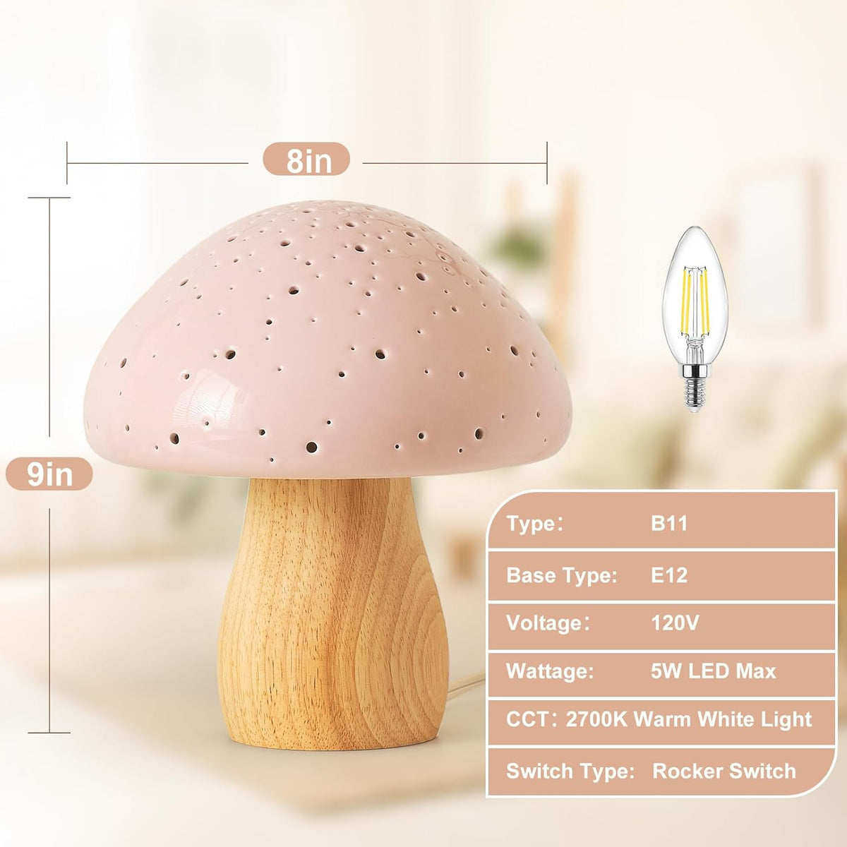 BOHON Mushroom Lamp Ceramic Bedside Table Lamp, Pink