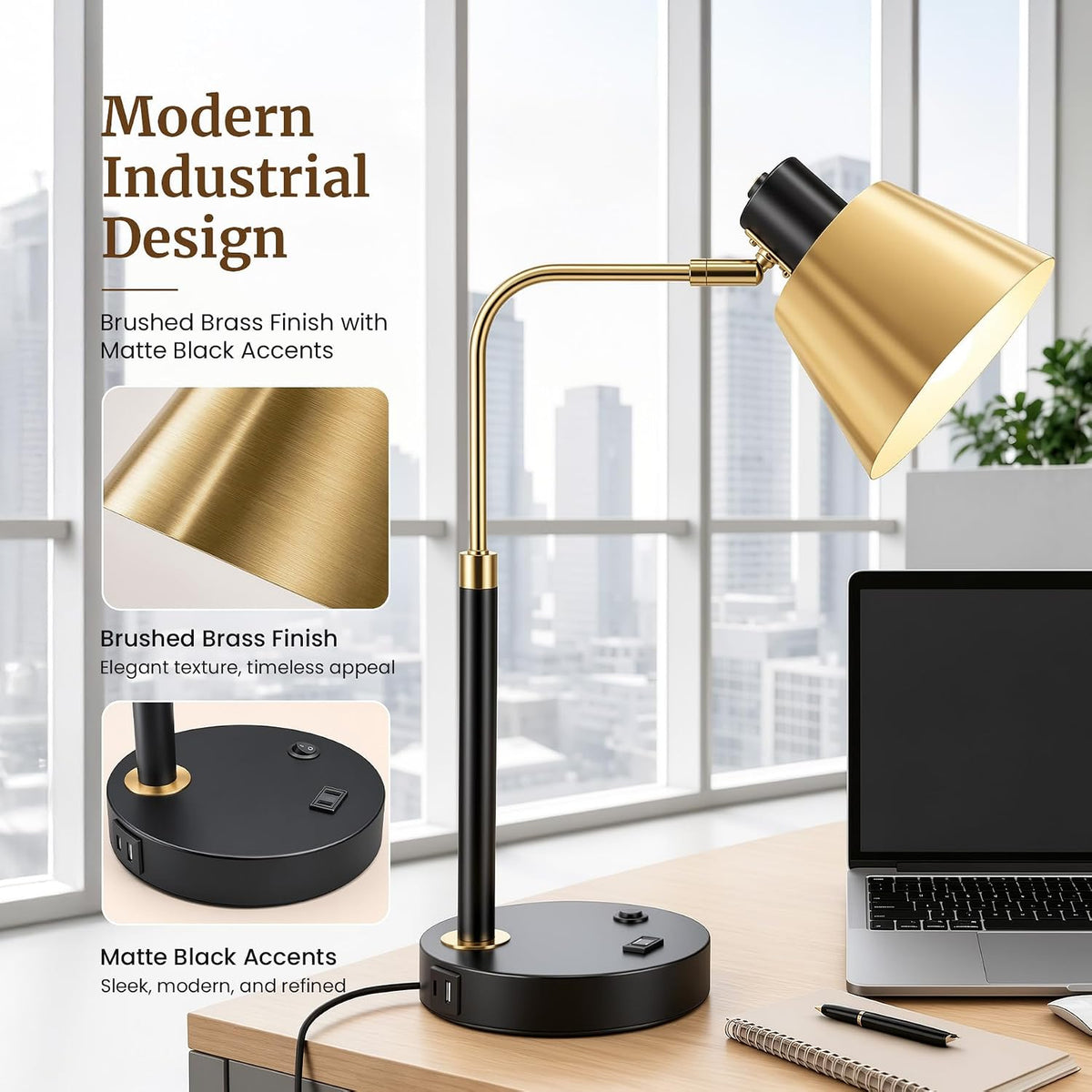 Desk Lamp with USB-C, USB-A and AC Outlet, Adjustable E26 Table Lamp for Home...