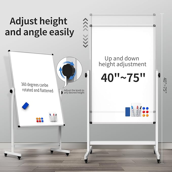 40x28 Inches Mobile Whiteboard, Double Sided Magnetic Dry Erase Board Height - Image 3