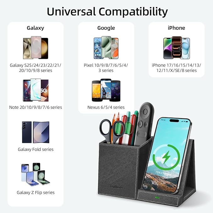 TopMade Wireless Charger with Pen Pencil Holder, Leather Mltifunctional Desk - Image 6
