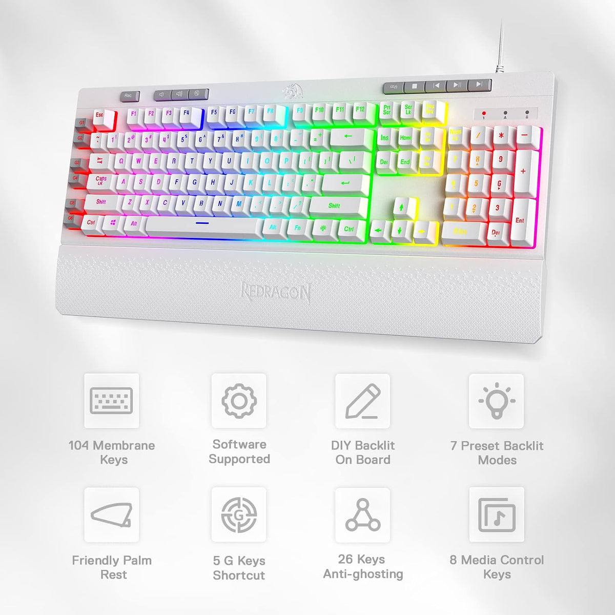Redragon K512 RGB Membrane Gaming Keyboard, 6 Macro Keys & Easy Media Wheel