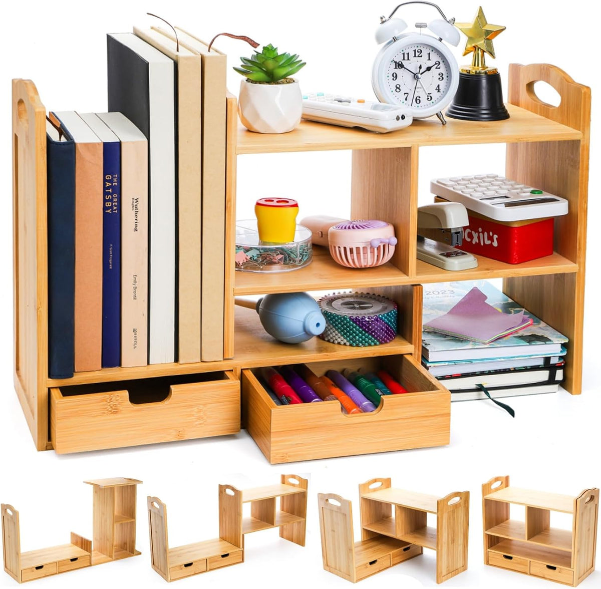 Eorbow Bamboo Desktop Bookshelf, Expandable Counter Bookcase, Storage Shelves...