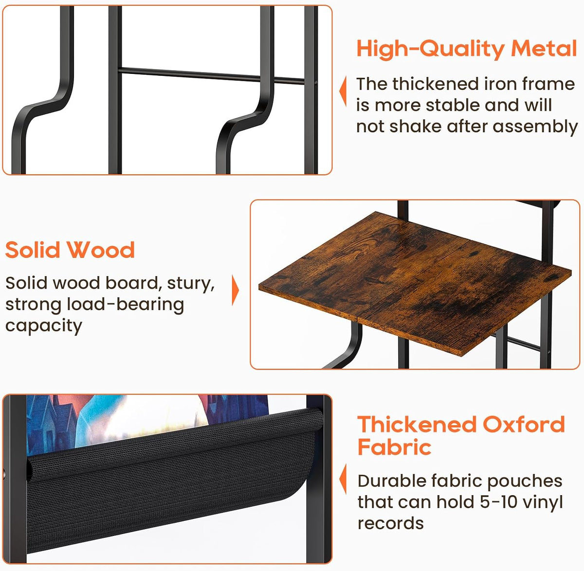 TJ.MOREE Record Player Stand with Vinyl Storage, Tall Record Player Table wit...
