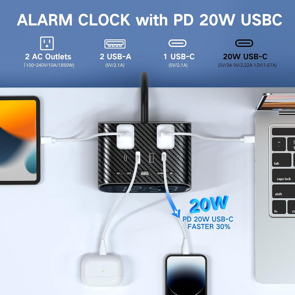 xba alarm clock charging station, 20w usb-c, 2 shown in use