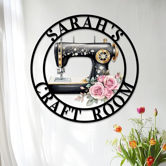 Custom Sewing Machine Metal Sign, Personalized Name Flowers Sewing Sign by Unknown