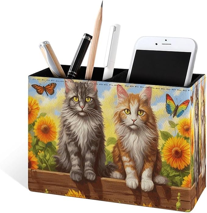 Famame Cute Vintage Cats Sunflower Fence Pencil Holder - Image 2