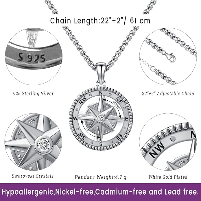 Compass Necklace for Women Men 925 Sterling Silver Pendant Urn Necklaces for - Image 3