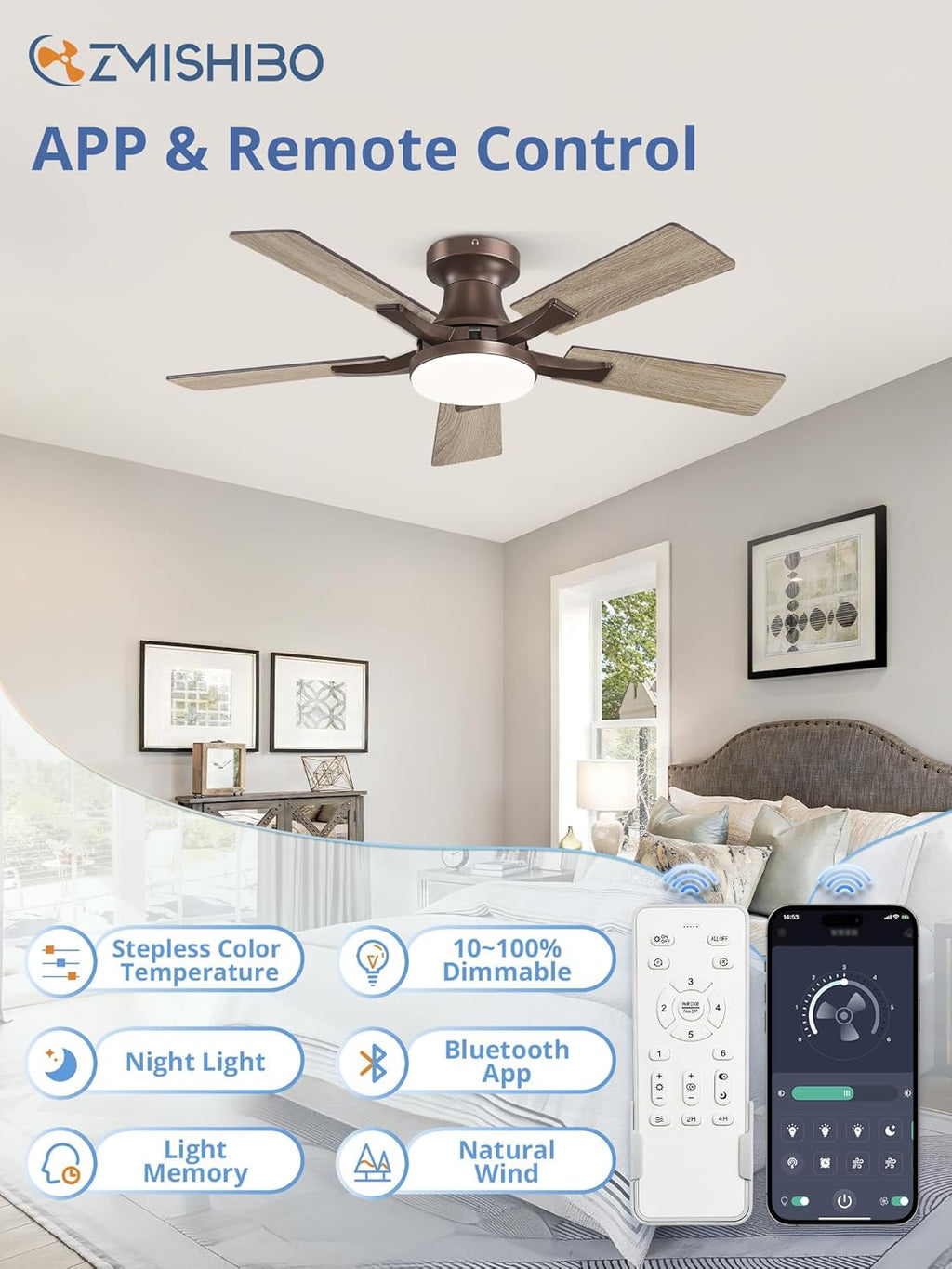 zmishibo 42 inch ceiling fans with lights, remote&app shown in use