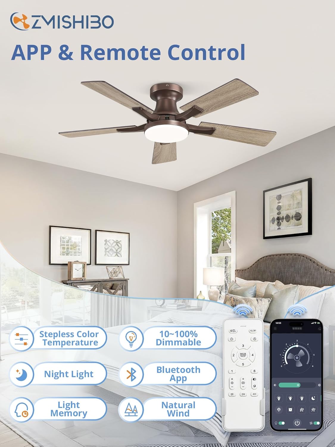 zmishibo 42 inch ceiling fans with lights, remote&app shown in use