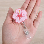Cute Hibiscus Flower Badge Reel, Retractable ID Card Pink Badge Holders - Image 2
