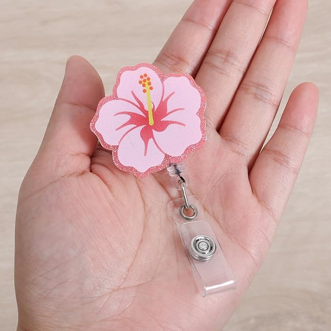 Cute Hibiscus Flower Badge Reel, Retractable ID Card Pink Badge Holders - Image 2