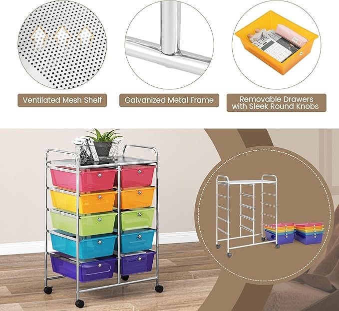 LDAILY 10 Drawer Rolling Cart, Storage Cart Organizer on Wheels, Drawer Cart - Image 7