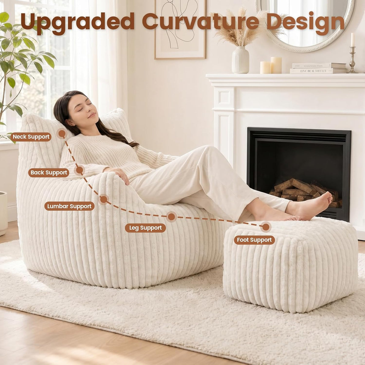 WSOFRLAC Giant Plush Bean Bag Chairs, Cozy Fluffy Single Cloud Couch, White