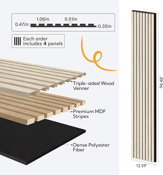 Olanglab Wood Slat Wall Panels 4 Pack, Wooden Acoustic Wall Panels, 94.5"x12.6" - Image 2