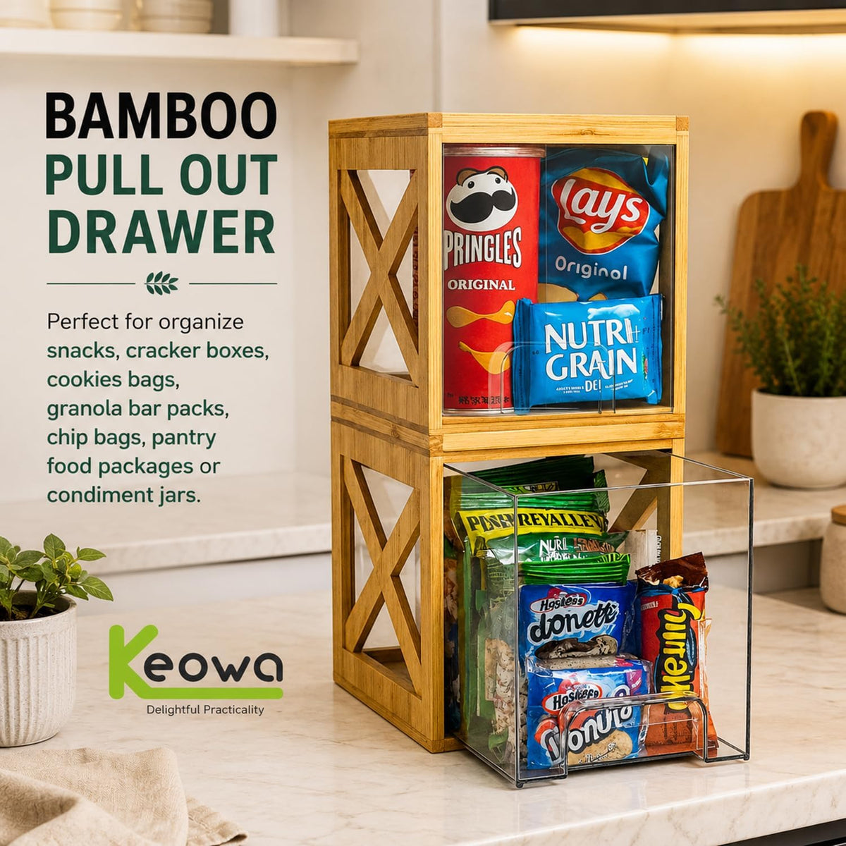 Bamboo Snack & Pantry Organizer, Stackable Pull-Out Drawers, 2 Pack