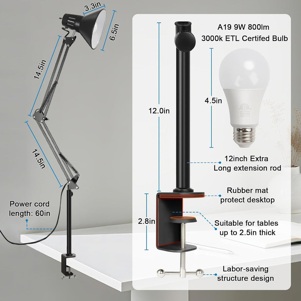 led clamp on desk lamp, 360°adjustable swing arm, close-up detail