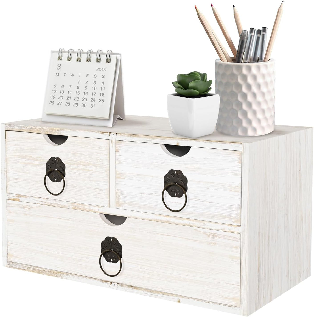 Wood Desk Organizer with Drawer, White Wooden Desktop Organizer, Tabletop Sto...