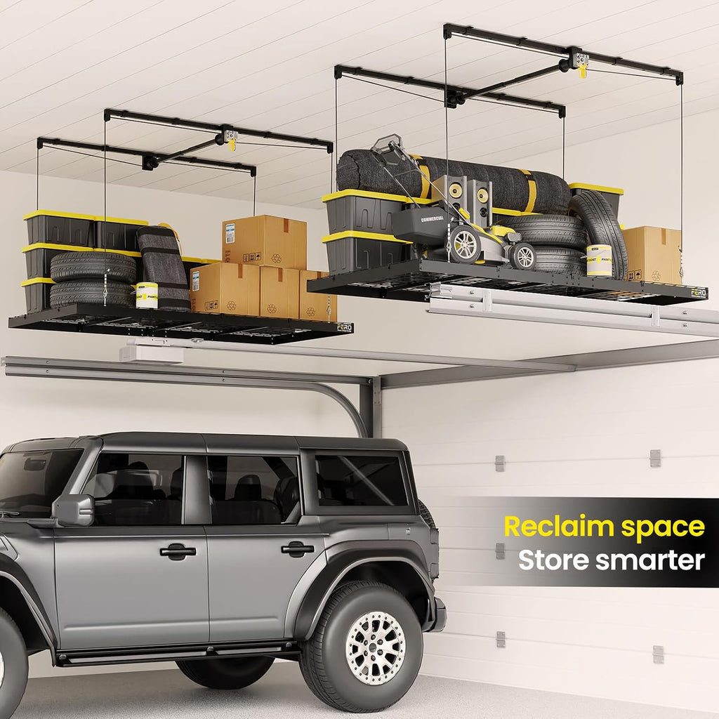 fero overhead garage storage rack 4x8, 500 lb shown in use