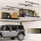 fero overhead garage storage rack 4x8, 500 lb shown in use