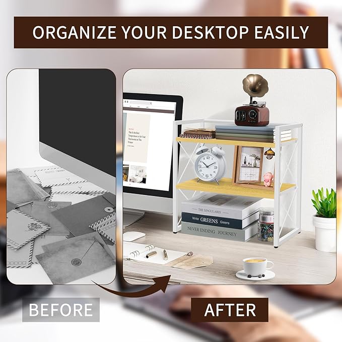 YINMIT Desktop Shelf Organizer, 2 Tier Office Shelves, Wood Desk Organizer - Image 5