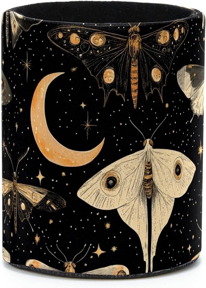 Leather Pen Holder for Desk, Butterflies Moth Moon Pencil Cup Desktop Organizer by Unknown