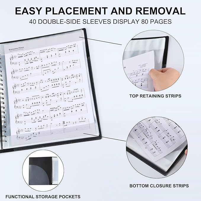 Piano Sheet Music Folder Organizer: 40 Plastic Sleeves Display 80 Pages Spiral - Image 3