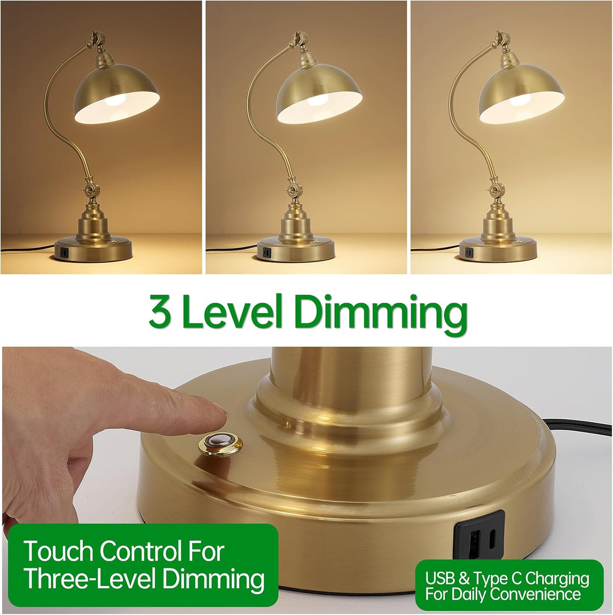Fetason Dimmable Touch Control Gold Desk Lamp with Swing Arm Charging Port