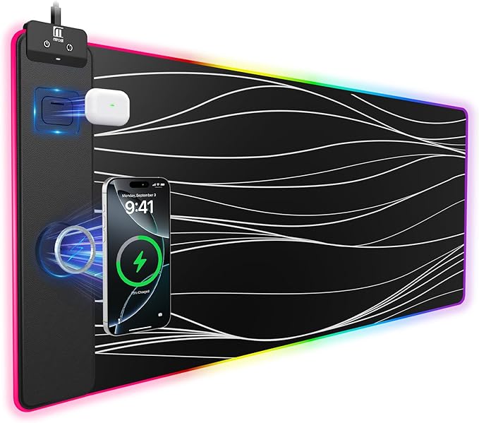 Mouse Pad with Magnetic Wireless Charging, Large Desk Pad Protector, RGB Black by miroddi