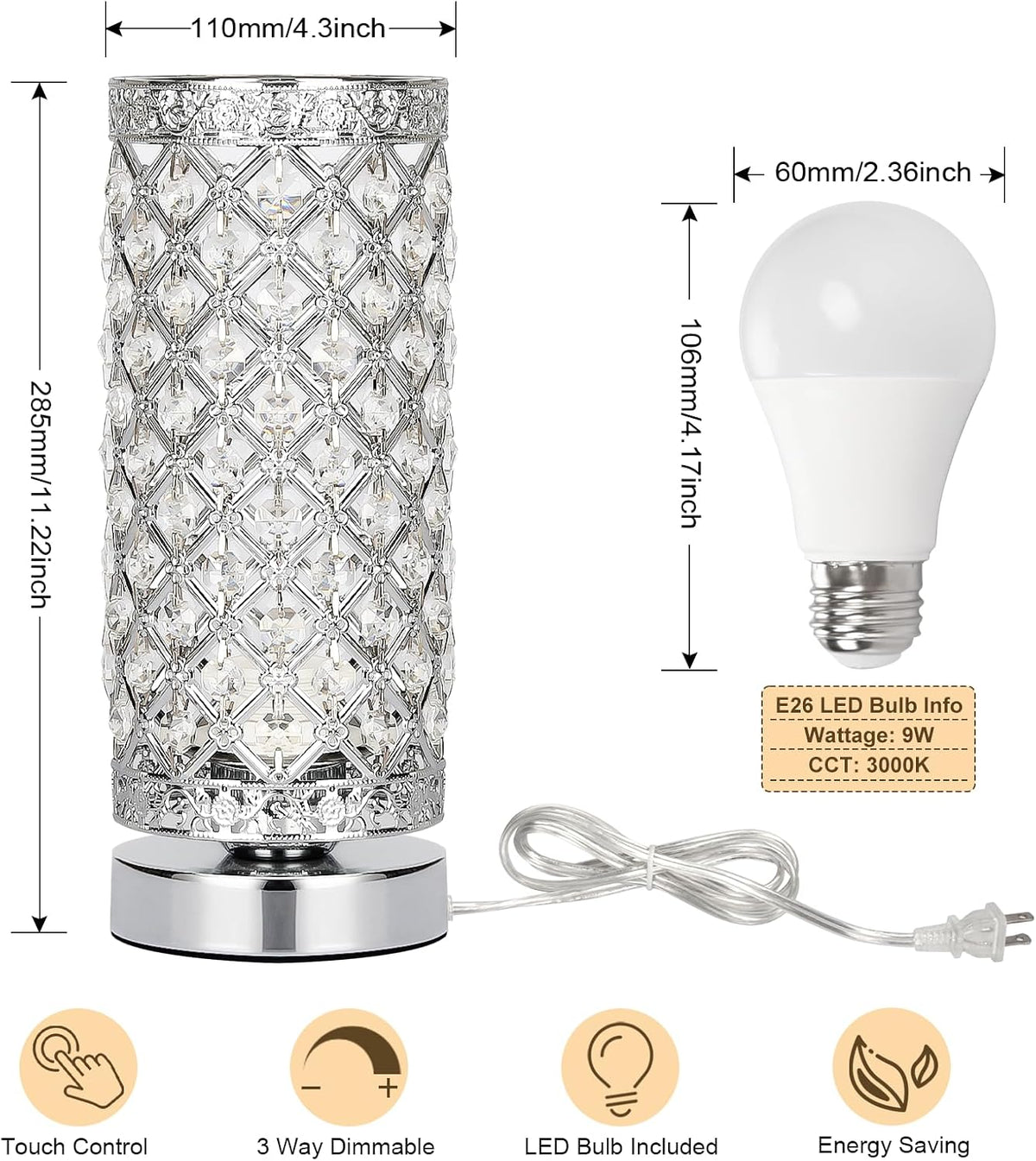 Crystal Table Lamp, 3 Way Touch Control Dimmable Bedside Nightstand Lamp
