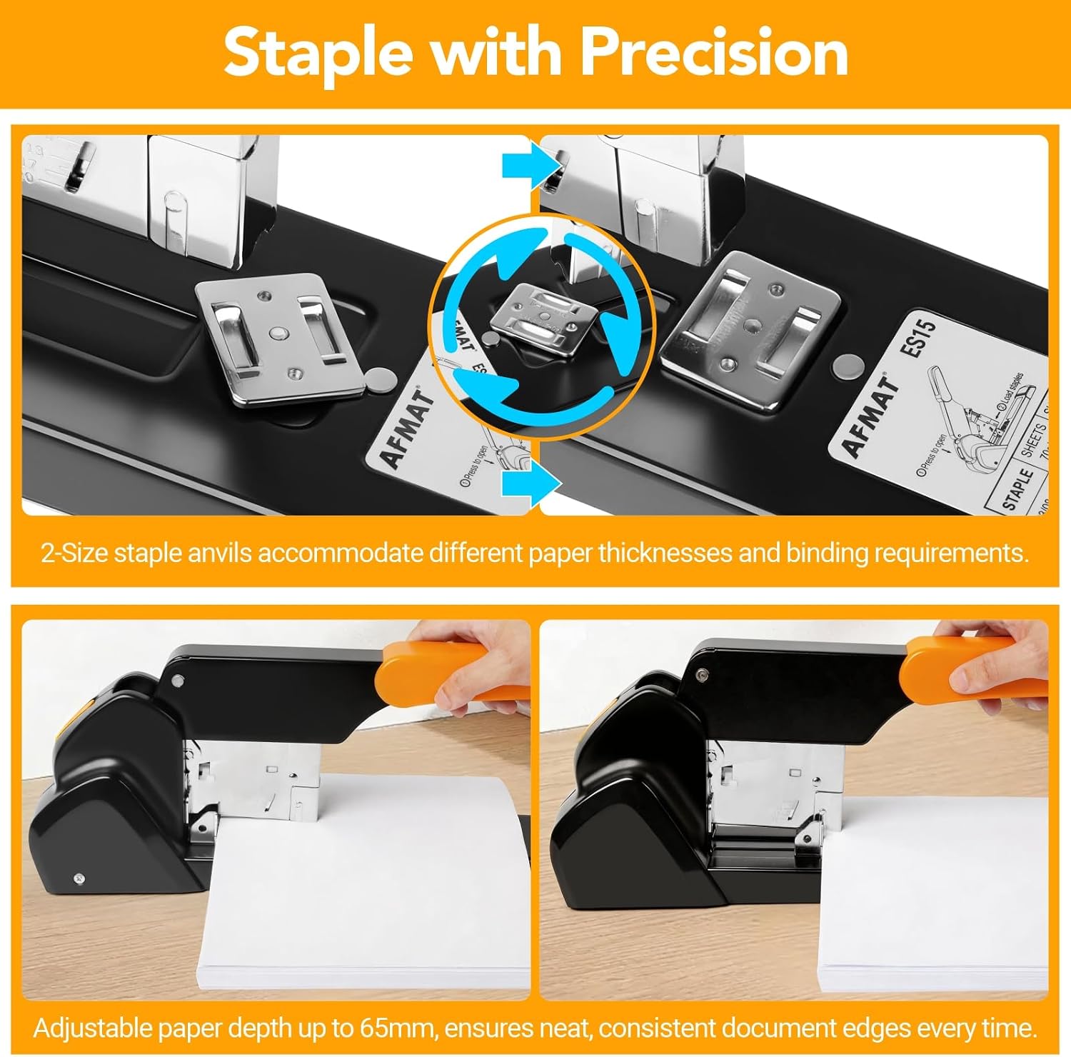 AFMAT Heavy Duty Stapler 220 Sheets, Large Staplers for Desk with 7000 Staples, 60% Reduced Effort, 50,000+ Uses, Jam Free, Adjustable Paper Depth, Metal Classroom Office Desktop Stapler, ES15