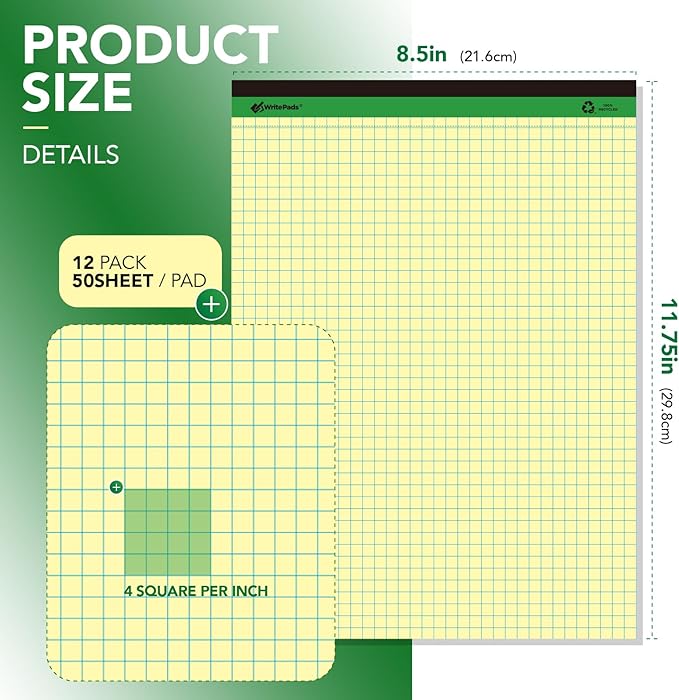 KAISA Graph Paper Legal Pads Writing Pads Recycled Paper 8.5"x11.75" Quad Ruled - Image 2