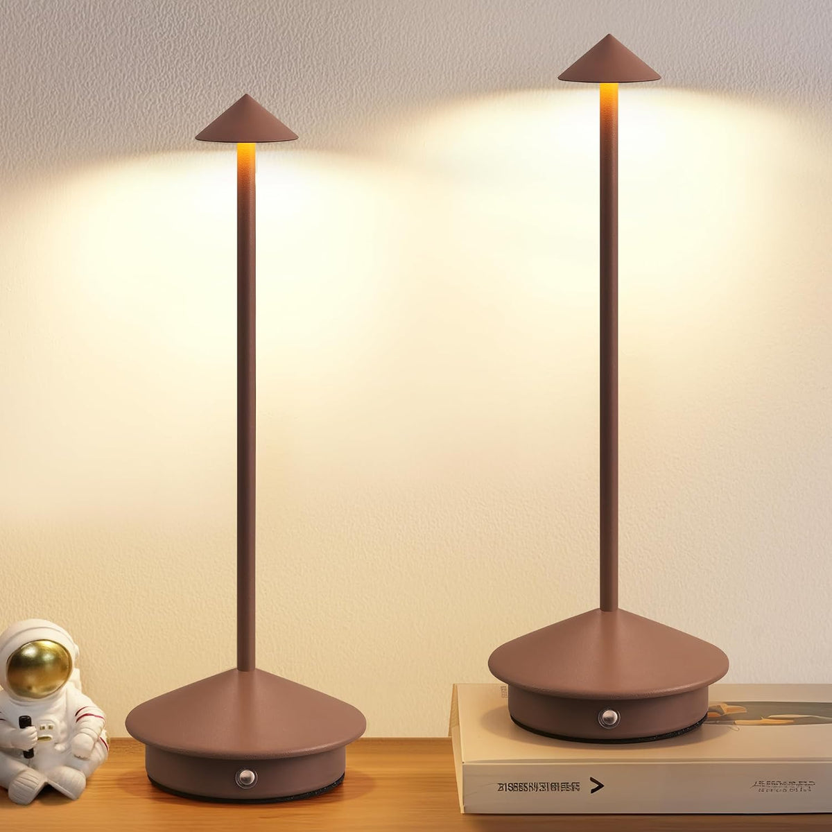 Modern Cordless Table Lamp Set of 2, Brown Portable LED Desk Lamps