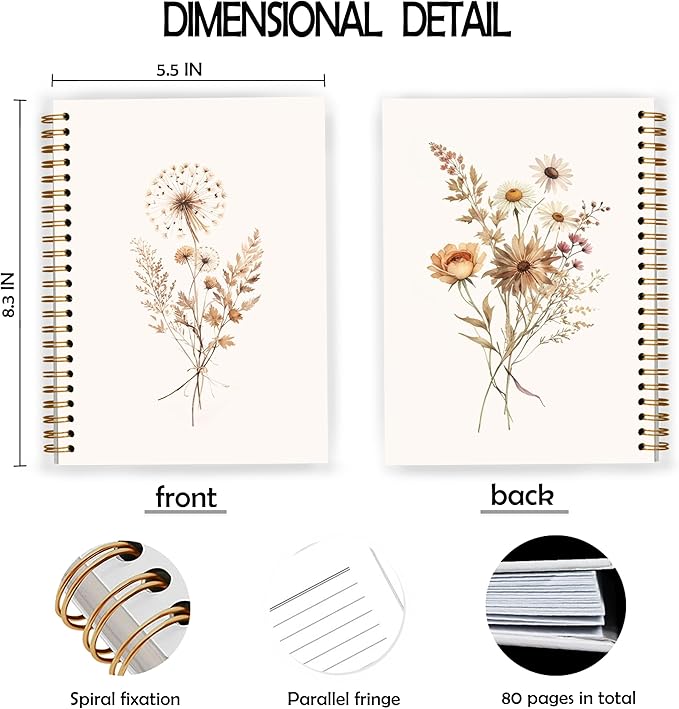 JWVK Boho Floral Spiral Notebook, Rustic Neutral Flower Herbs Notebooks - Image 2