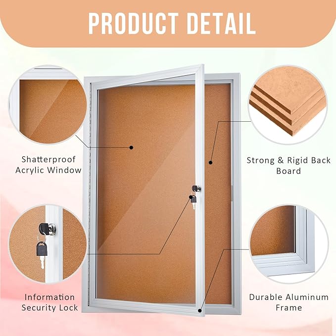 Homezelle Enclosed Cork Bulletin Board 36"x24" Outdoor Weatherproof Cork - Image 3